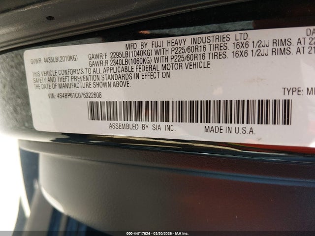 Aukcja sprzedaży 2007 Subaru Outback 2.5i Basic, vin: 4S4BP61C076322608, numer aukcji: 44717624
