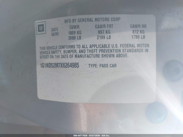 44717629 :رقم المزاد ، 1G1ND52M7X6264985 vin ، 1999 Chevrolet Malibu مزاد بيع