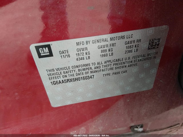 44717632 :رقم المزاد ، 1G6AA5RX6H0160347 vin ، 2017 Cadillac Ats Standard مزاد بيع
