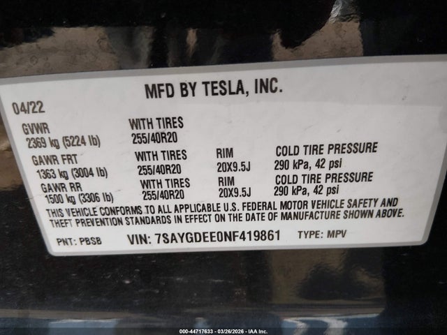 Aukcja sprzedaży 2022 Tesla Model Y Long Range Dual Motor All-wheel Drive, vin: 7SAYGDEE0NF419861, numer aukcji: 44717633