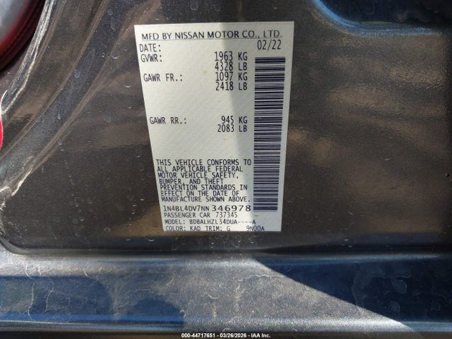 1N4BL4DV7NN346978 Nissan Altima Sv Fwd
