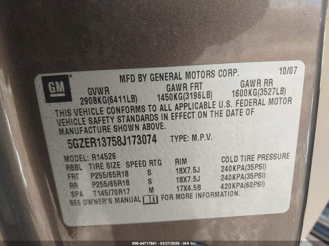 44717661 :رقم المزاد ، 5GZER13758J173074 vin ، 2008 Saturn Outlook Xe مزاد بيع