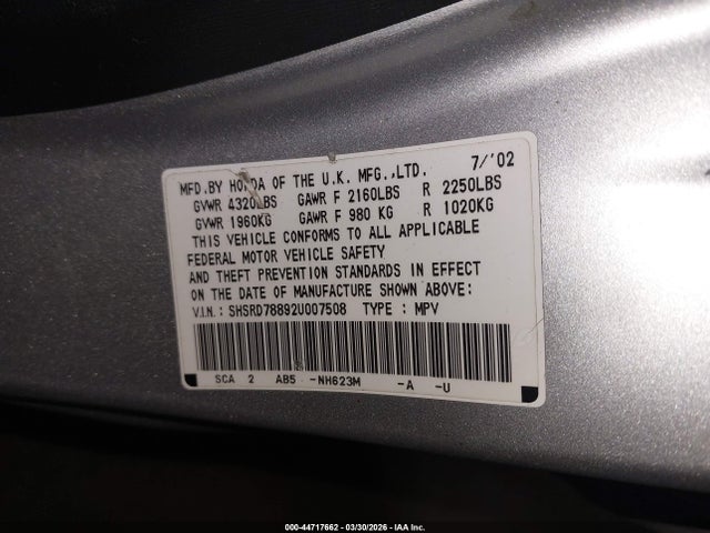 2002 HONDA CR-V SHSRD78892U007508 Photo 8
