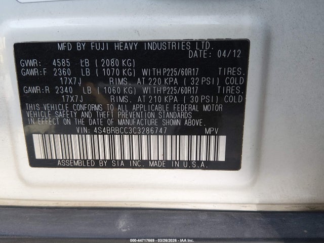 44717669 :رقم المزاد ، 4S4BRBCC3C3286747 vin ، 2012 Subaru Outback 2.5i Premium مزاد بيع