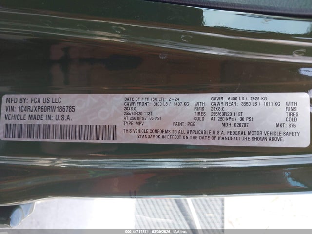 Aukcja sprzedaży 2024 Jeep Wrangler 4xe Sahara 4xe, vin: 1C4RJXP60RW186785, numer aukcji: 44717671