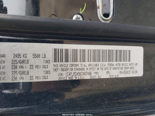 44717675 :رقم المزاد ، 1C4PJMDX9KD467486 vin ، 2019 Jeep Cherokee Limited 4x4 مزاد بيع
