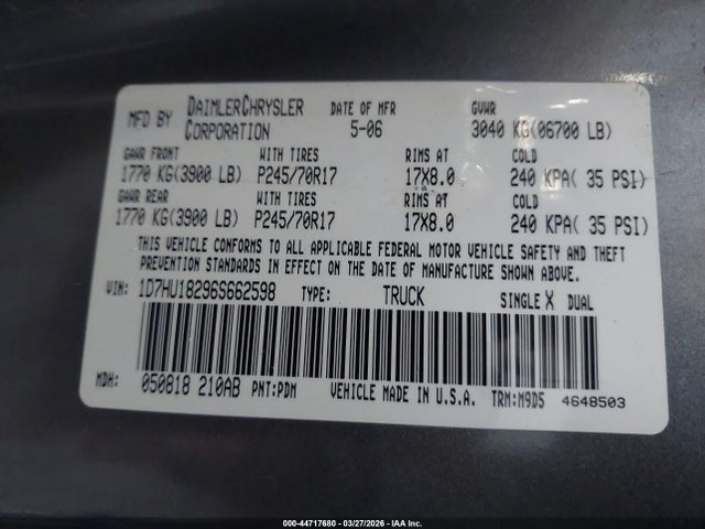 Продажа на аукционе авто 2006 Dodge Ram 1500 Slt/trx4 Off Road/sport, vin: 1D7HU18296S662598, номер лота: 44717680