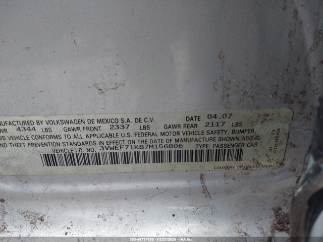 Продаж на аукціоні авто 2007 Volkswagen Jetta Wolfsburg Edition, vin: 3VWEF71K87M156806, номер лоту: 44717695