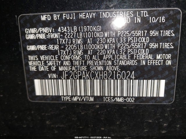 44717711 :رقم المزاد ، JF2GPAKCXH8216024 vin ، 2017 Subaru Crosstrek 2.0i Limited مزاد بيع