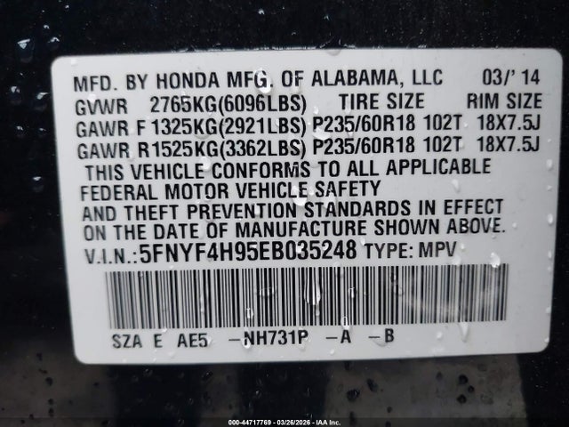 Honda Pilot Touring 2014 5FNYF4H95EB035248 Image 9