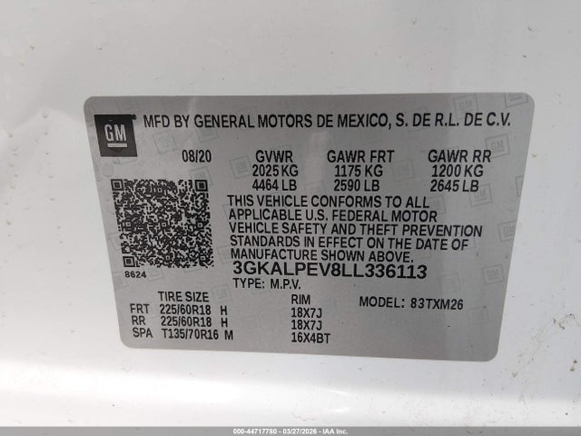 44717780 :رقم المزاد ، 3GKALPEV8LL336113 vin ، 2020 Gmc Terrain Fwd Slt مزاد بيع