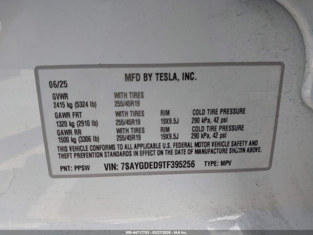 2026 Tesla Model Y Premium Rear-wheel Drive/standard Rear-wheel Drive მანქანა იყიდება აუქციონზე, vin: 7SAYGDED9TF395256, აუქციონის ნომერი: 44717783