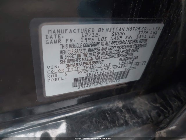 2013 Nissan Sentra Sv მანქანა იყიდება აუქციონზე, vin: 3N1AB7AP9DL650413, აუქციონის ნომერი: 44717790
