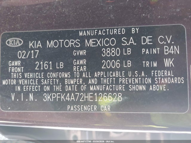 Aukcja sprzedaży 2017 Kia Forte Lx, vin: 3KPFK4A72HE126628, numer aukcji: 44717798