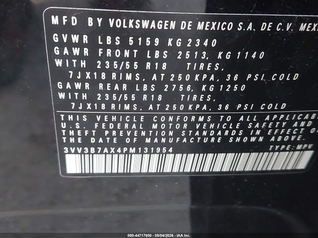 Aukcja sprzedaży 2023 Volkswagen Tiguan 2.0t Se, vin: 3VV3B7AX4PM131954, numer aukcji: 44717800