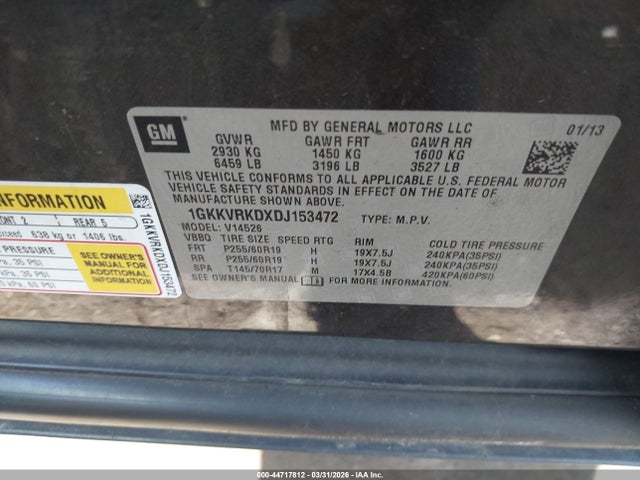 44717812 :رقم المزاد ، 1GKKVRKDXDJ153472 vin ، 2013 Gmc Acadia Slt-1 مزاد بيع