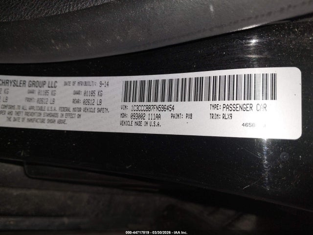 2015 Chrysler 200 S მანქანა იყიდება აუქციონზე, vin: 1C3CCCBB7FN596454, აუქციონის ნომერი: 44717819