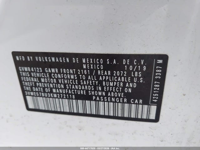 2019 Volkswagen Jetta 1.4t Sel მანქანა იყიდება აუქციონზე, vin: 3VWE57BU3KM272118, აუქციონის ნომერი: 44717825