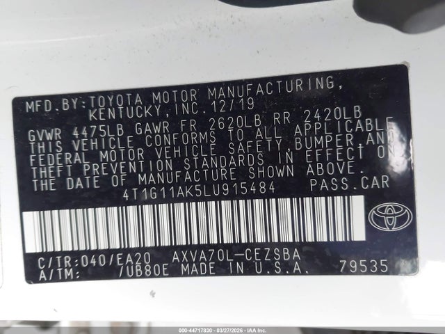 Продажа на аукционе авто 2020 Toyota Camry Se, vin: 4T1G11AK5LU915484, номер лота: 44717830