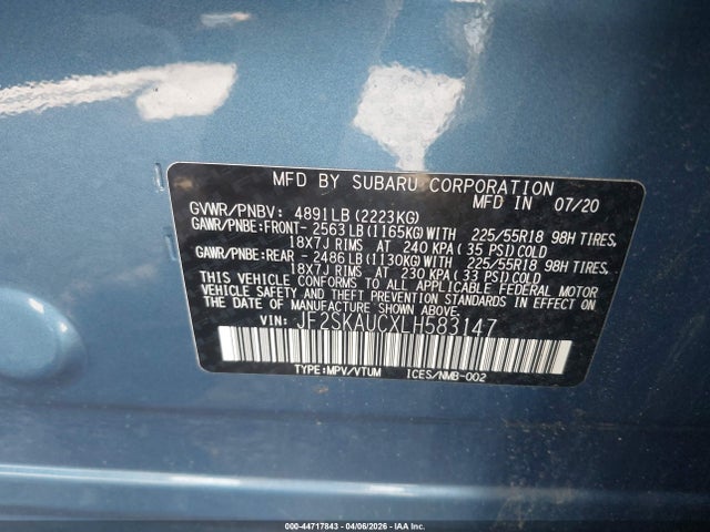 44717843 :رقم المزاد ، JF2SKAUCXLH583147 vin ، 2020 Subaru Forester Limited مزاد بيع