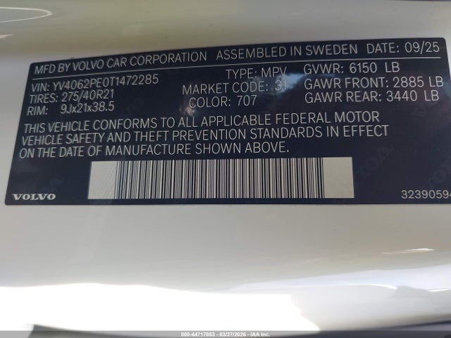Aukcja sprzedaży 2026 Volvo Xc90 Plus, B6 Awd Gas (mild Hybrid), Gasoline, Bright, 7 Seats, vin: YV4062PE0T1472285, numer aukcji: 44717853