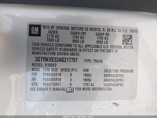Продаж на аукціоні авто 2010 Gmc Sierra 1500 Sle, vin: 3GTRKVE33AG217797, номер лоту: 44717862