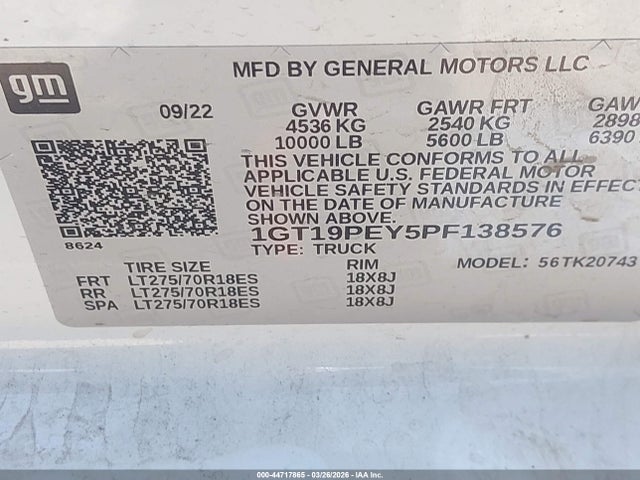 Продажа на аукционе авто 2023 Gmc Sierra 2500hd 4wd  Standard Bed At4, vin: 1GT19PEY5PF138576, номер лота: 44717865