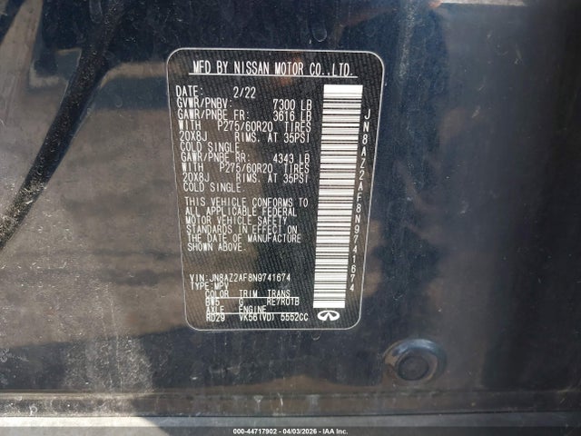 44717902 :رقم المزاد ، JN8AZ2AF8N9741674 vin ، 2022 Infiniti Qx80 Luxe مزاد بيع