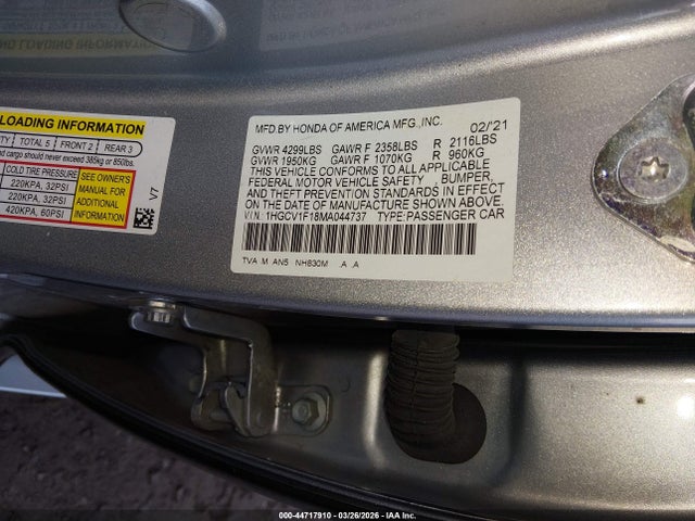44717910 :رقم المزاد ، 1HGCV1F18MA044737 vin ، 2021 Honda Accord Lx مزاد بيع