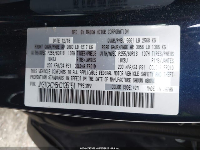 Продажа на аукционе авто 2017 Mazda Cx-9 Touring, vin: JM3TCACY5H0135151, номер лота: 44717926