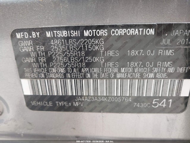 Продажа на аукционе авто 2019 Mitsubishi Outlander Es, vin: JA4AZ3A34KZ005764, номер лота: 44717939