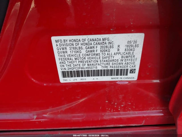 Honda Civic Lx 2020 2HGFC2F66LH553715 Image 9
