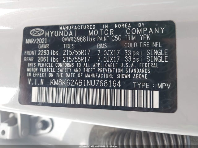 KM8K62AB1NU768164 Hyundai Kona Sel