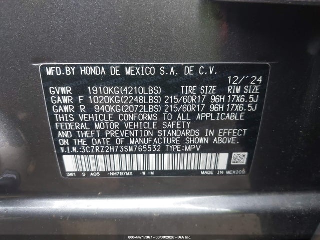 Продаж на аукціоні авто 2025 Honda Hr-v Awd Ex-l, vin: 3CZRZ2H73SM765532, номер лоту: 44717967