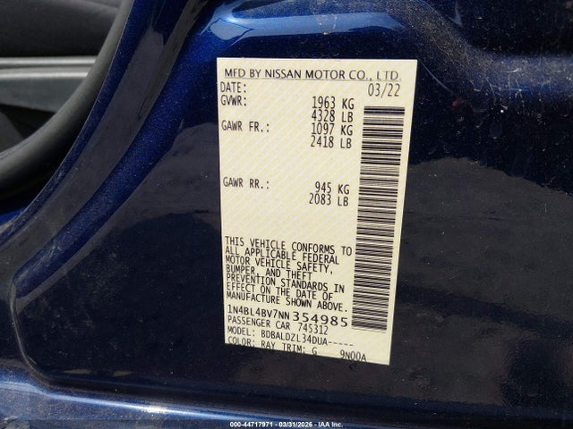 44717971 :رقم المزاد ، 1N4BL4BV7NN354985 vin ، 2022 Nissan Altima S Fwd مزاد بيع