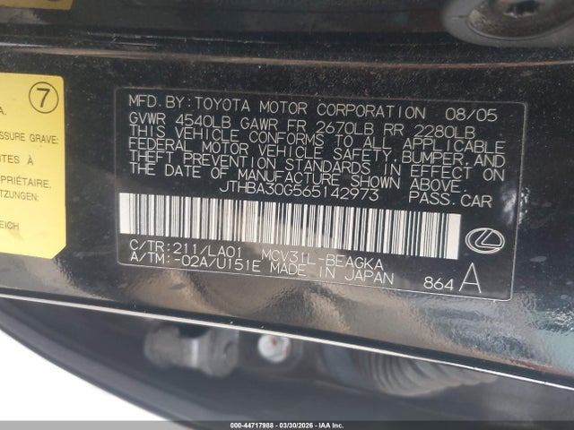 44717988 :رقم المزاد ، JTHBA30G565142973 vin ، 2006 Lexus Es 330 مزاد بيع
