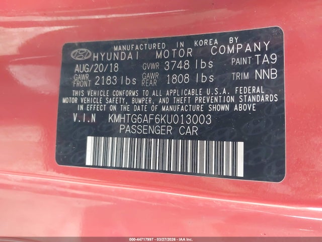 Aukcja sprzedaży 2019 Hyundai Veloster 2.0, vin: KMHTG6AF6KU013003, numer aukcji: 44717997