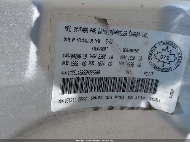 44718006 :رقم المزاد ، 1C3EL46R92N308868 vin ، 2002 Chrysler Sebring Lx/lx Plus مزاد بيع