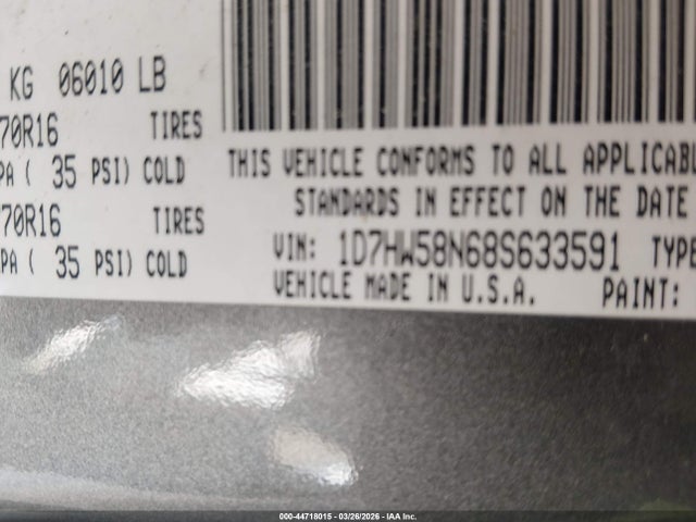 44718015 :رقم المزاد ، 1D7HW58N68S633591 vin ، 2008 Dodge Dakota Laramie مزاد بيع