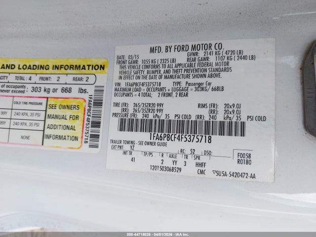 Продаж на аукціоні авто 2015 Ford Mustang Gt Premium, vin: 1FA6P8CF4F5375718, номер лоту: 44718026
