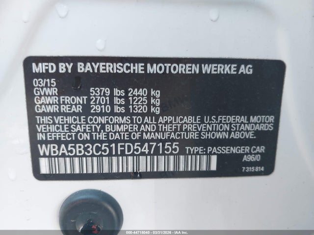 Продаж на аукціоні авто 2015 Bmw 535i Xdrive, vin: WBA5B3C51FD547155, номер лоту: 44718040