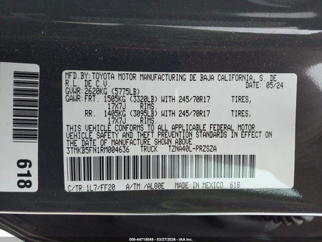 2024 Toyota Tacoma Sr5 მანქანა იყიდება აუქციონზე, vin: 3TMKB5FN1RM004636, აუქციონის ნომერი: 44718049
