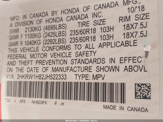 Aukcja sprzedaży 2018 Honda Cr-v Ex-l/ex-l Navi, vin: 2HKRW1H82JH522333, numer aukcji: 44718074