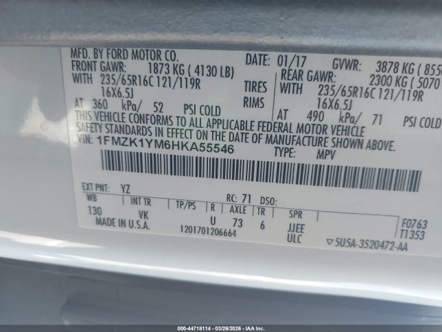44718114 :رقم المزاد ، 1FMZK1YM6HKA55546 vin ، 2017 Ford Transit-150 Xl مزاد بيع