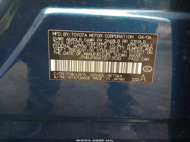 Продаж на аукціоні авто 2007 Lexus Es 350, vin: JTHBJ46G672013530, номер лоту: 44718116