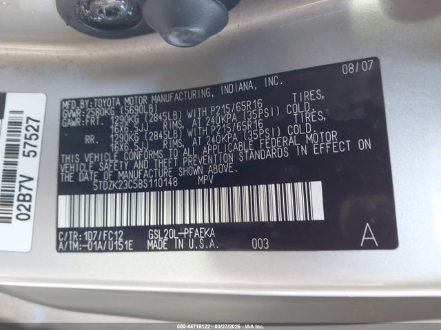 Продажа на аукционе авто 2008 Toyota Sienna Le, vin: 5TDZK23C58S110148, номер лота: 44718122