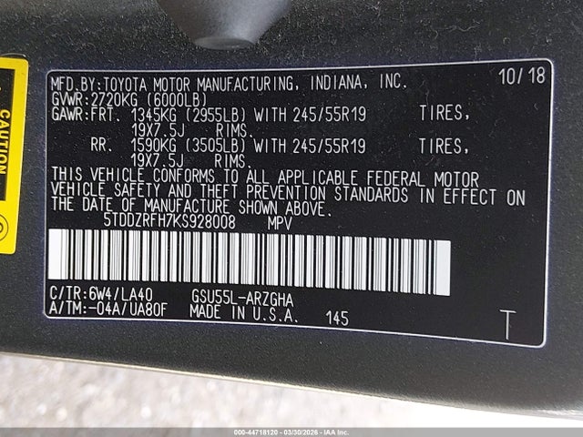 5TDDZRFH7KS928008 Toyota Highlander Limited Platinum