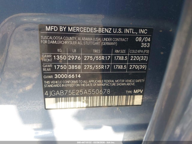 Aukcja sprzedaży 2005 Mercedes-benz Ml 500 4matic, vin: 4JGAB75E25A550678, numer aukcji: 44718132