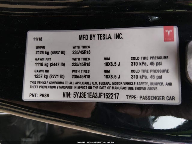 Aukcja sprzedaży 2018 Tesla Model 3 Long Range/mid Range, vin: 5YJ3E1EA3JF152217, numer aukcji: 44718139