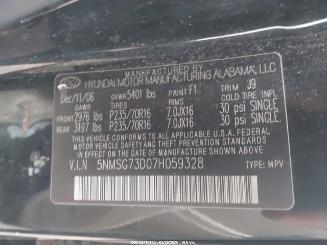 2007 Hyundai Santa Fe Gls მანქანა იყიდება აუქციონზე, vin: 5NMSG73D07H059328, აუქციონის ნომერი: 44718143